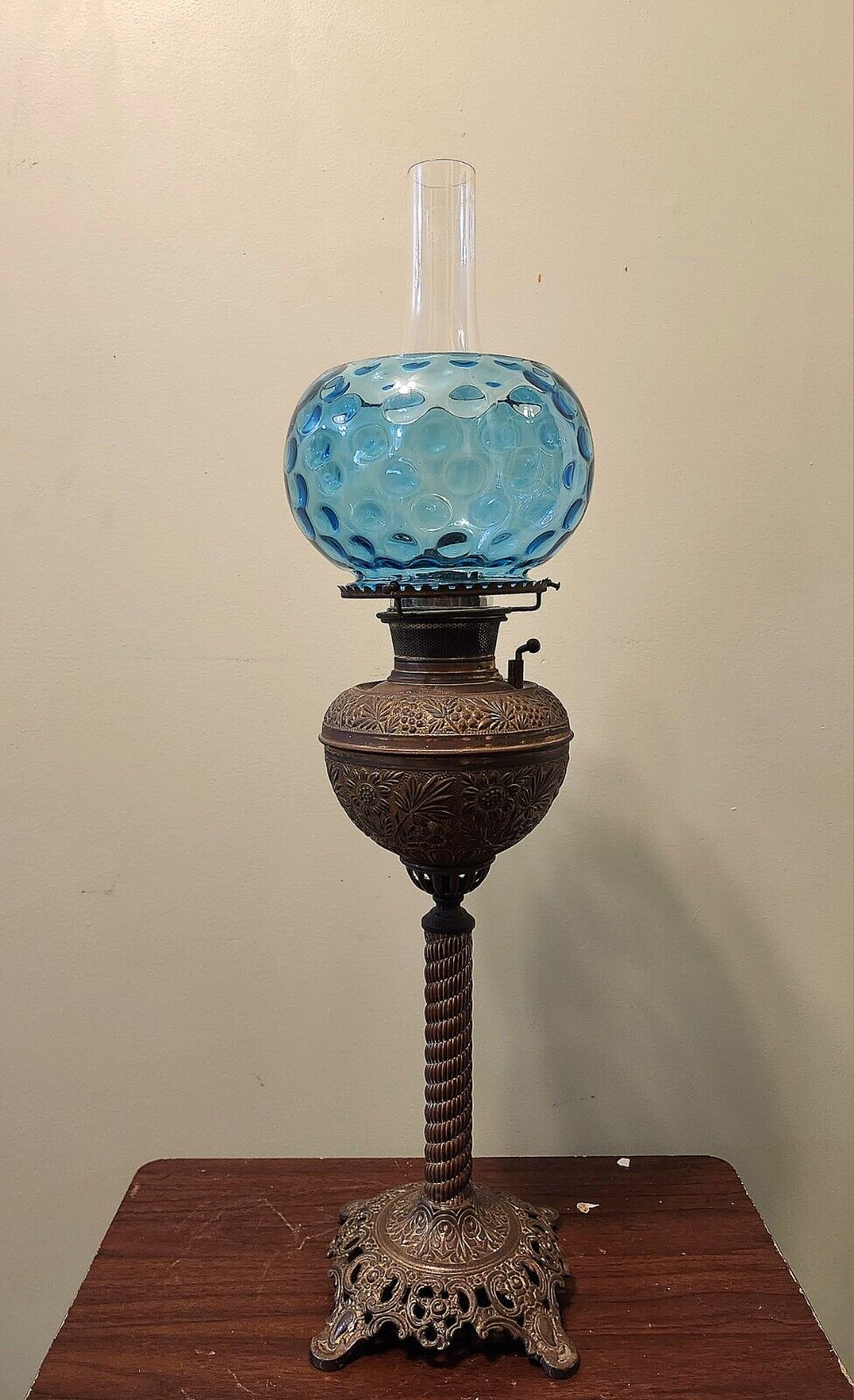 Antique The B&H Tall Oil Lamp Blue Shade
