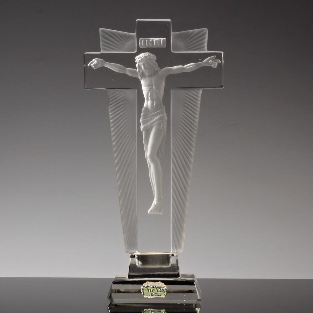 Antique Czech intaglio art glass crucifixion Curt Schlevogt Ingrid Expo 1935