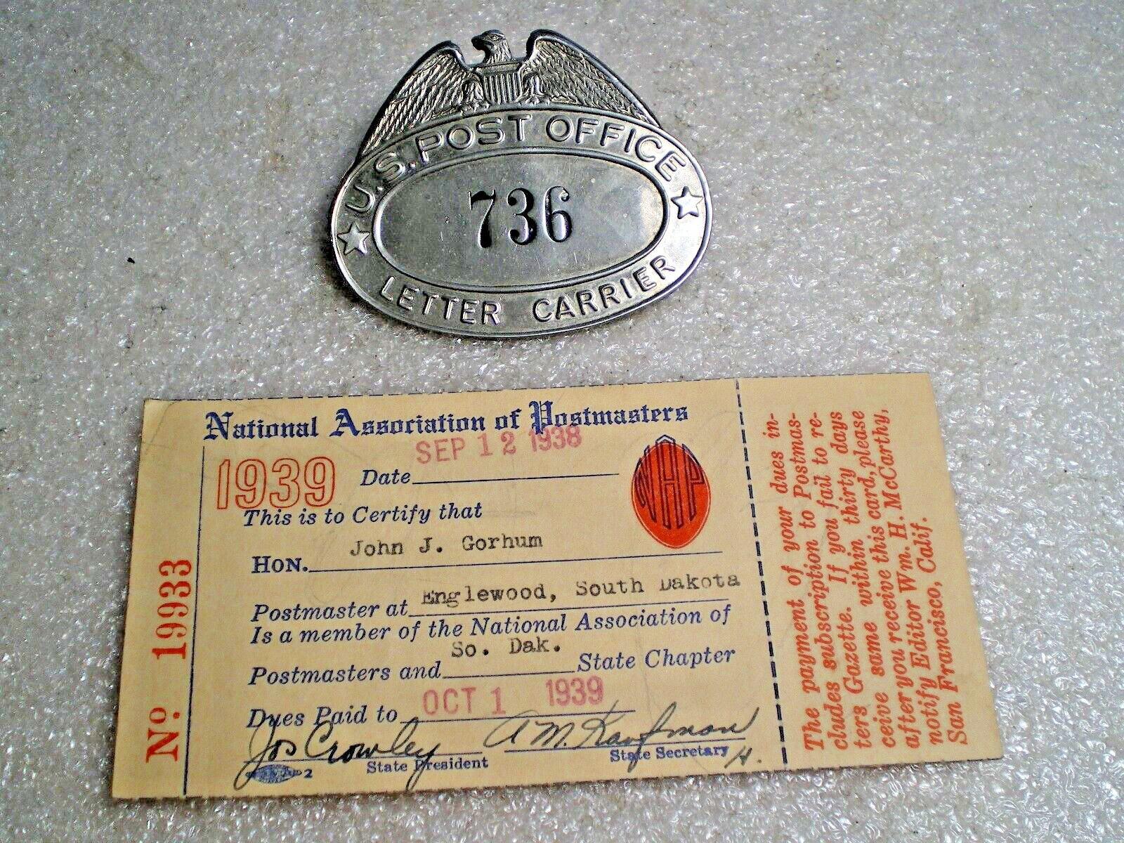 USPS History~ US Post Office Letter Carrier  Badge +Postmaster Certificate 1938