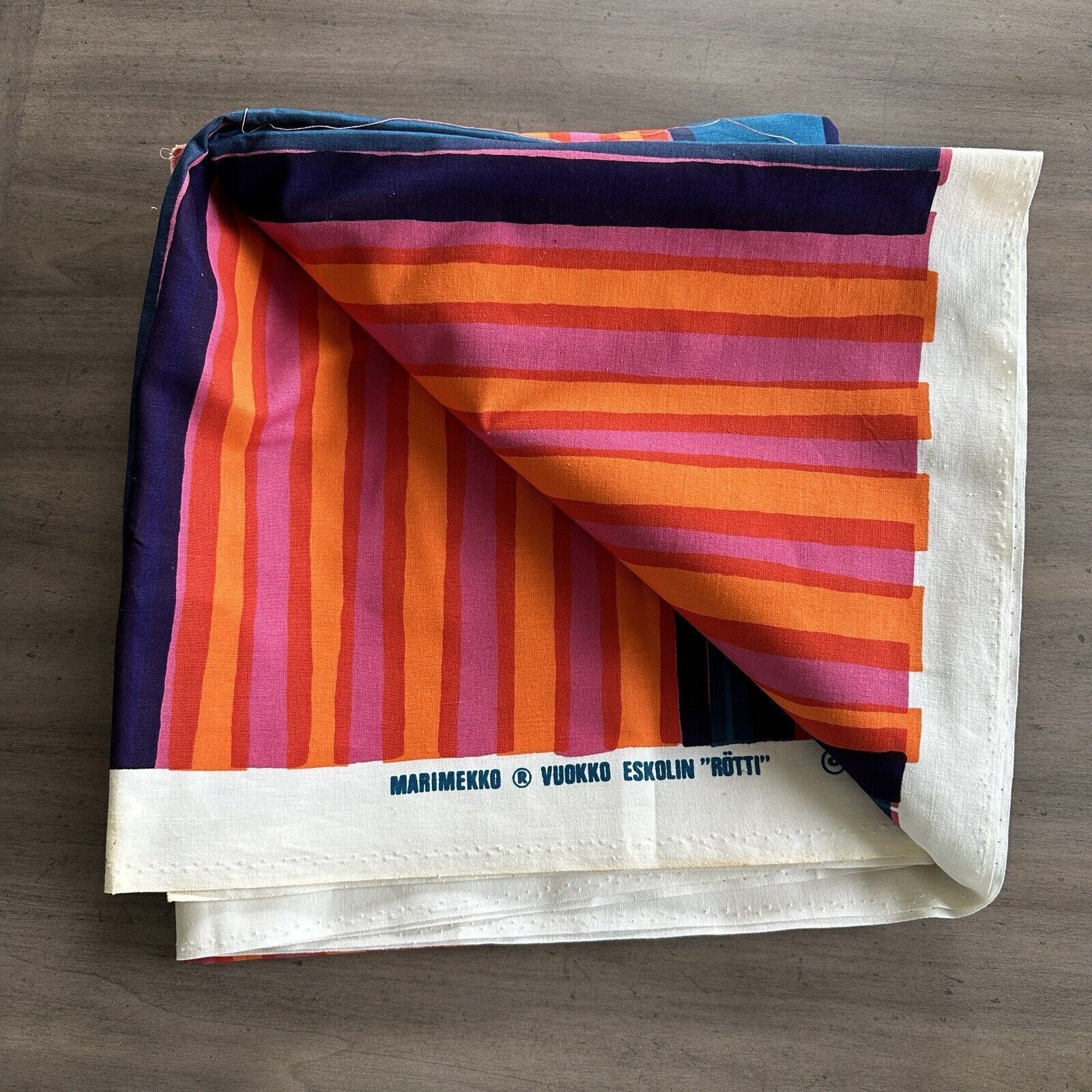 Vintage Marimekko ROTTI Fabric Pink Blue Orange Stripe Mid Century Modern 49x106