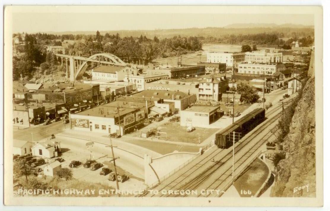 c1930s Oregon City town overview Real Photo gas station railroad Rainier Beer ad