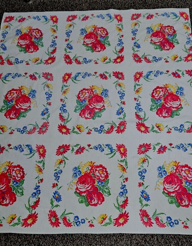 PRISTINE Vintage Blue, Red, Yellow Floral Tablecloth Mid Century 57 x 55 