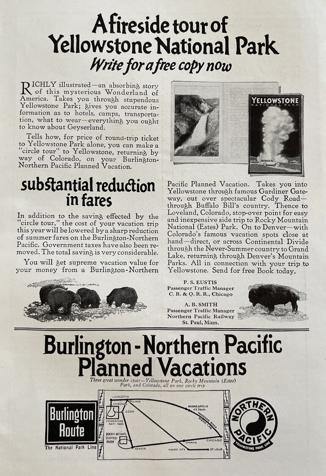 1922 Yellowstone National Park Burlington Northern Pacific Train Vacation Ad