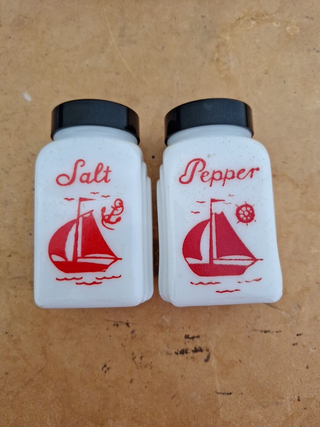 Vintage Set of Milk Glass Salt & Pepper Shakers  Red Sailboat  Ship  McKee
