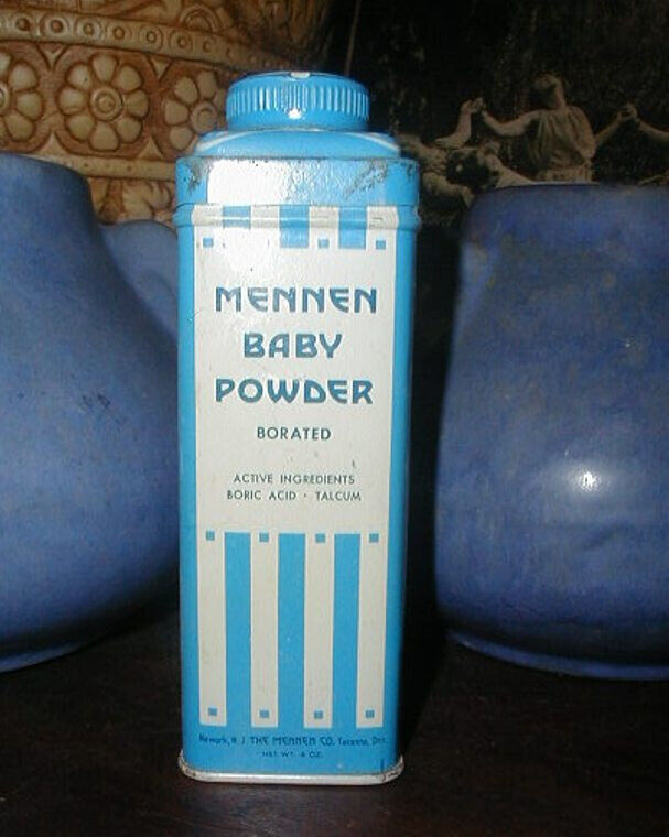 1920s Antique MENNEN Baby Powder Tin Talc Blue & White Stripes