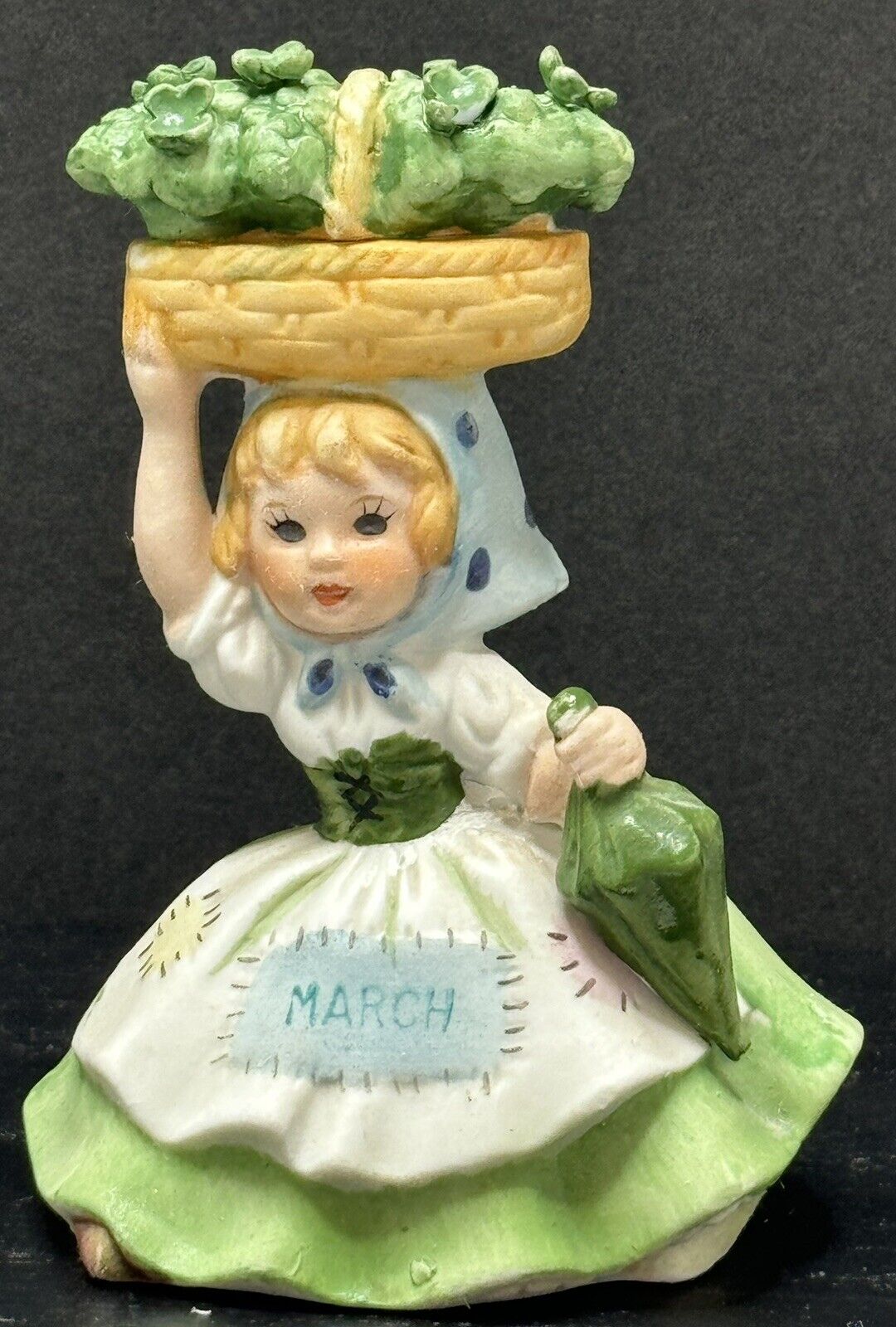 VTG LEFTON Porcelain Bisque March Figurine Girl w/Basket of 4 Leaf Clovers #6228