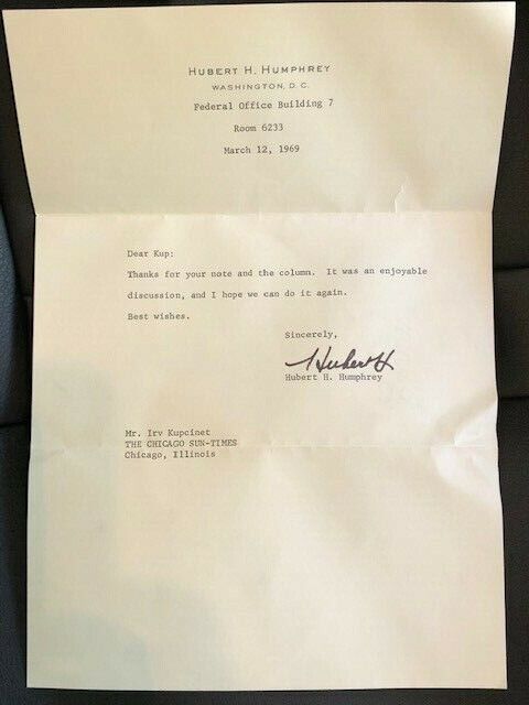 Hubert Humphrey SIGNED 1969  Letter On Letterhead To Irv Kupcinet