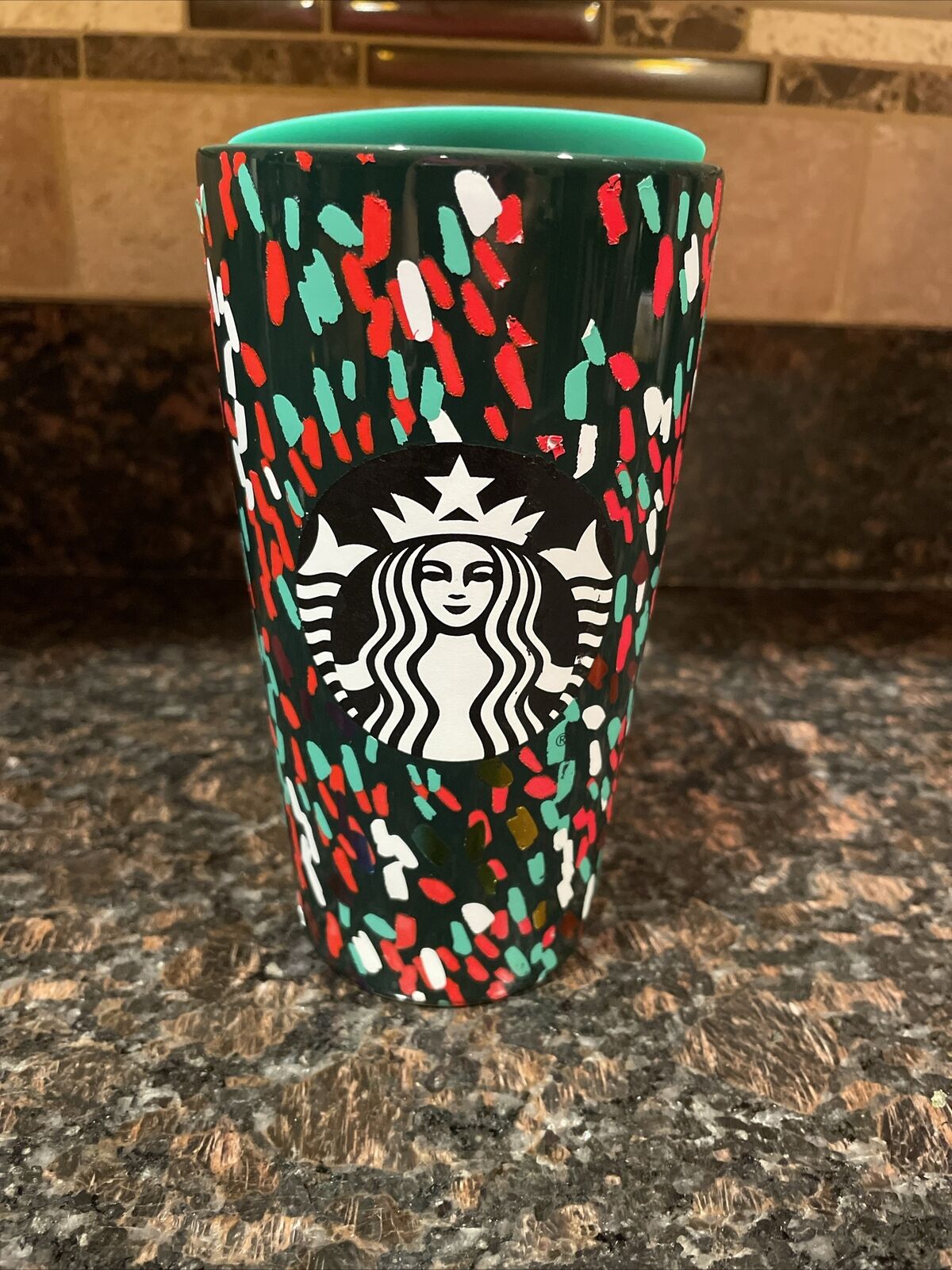 Starbucks 2019 Holiday Green Confetti Christmas 12oz Ceramic Travel Tumbler
