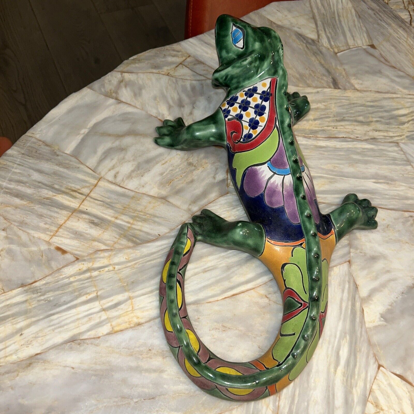 Talavera Pottery Lizard Iguana Mexican Ceramic Figure Large Green 15.5