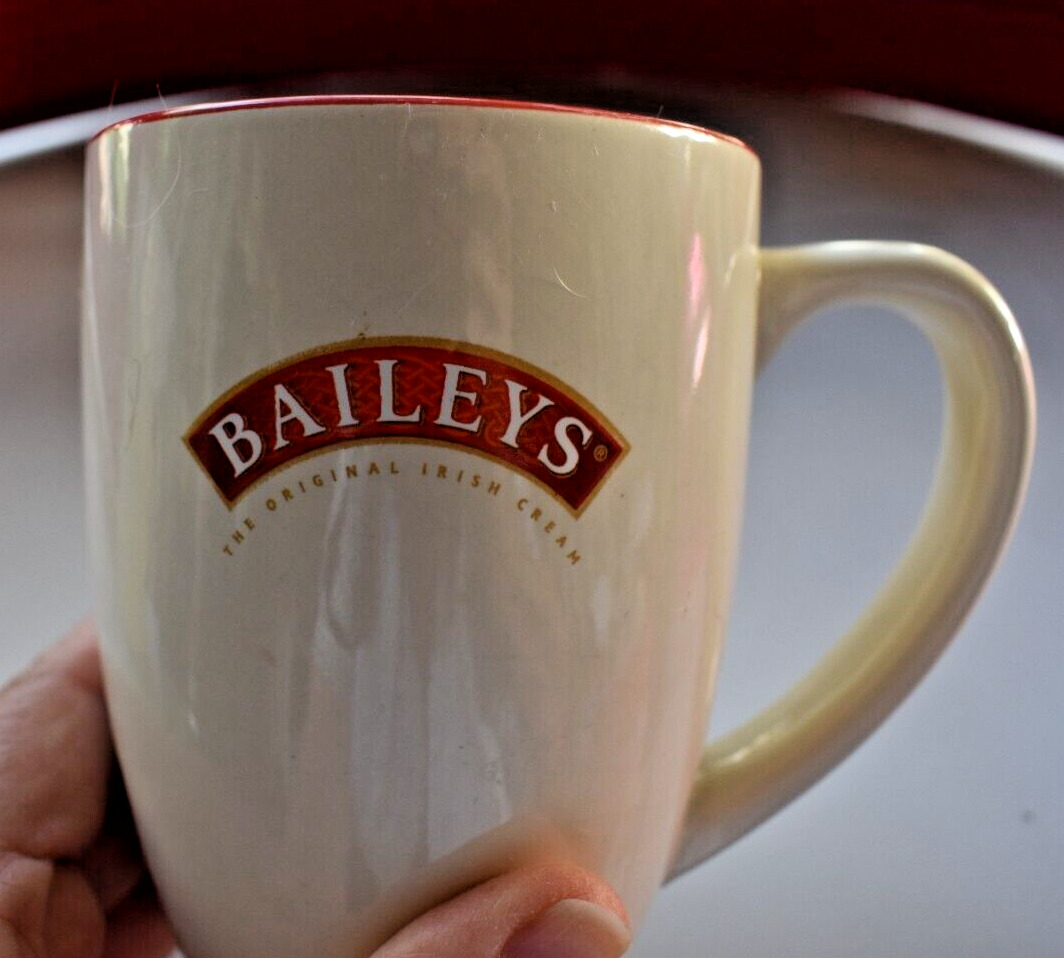 BAILEYS IRISH CREAM Coffee Mug Red Logo Cream Cup Signed R A BAILEY VTG 1990s
