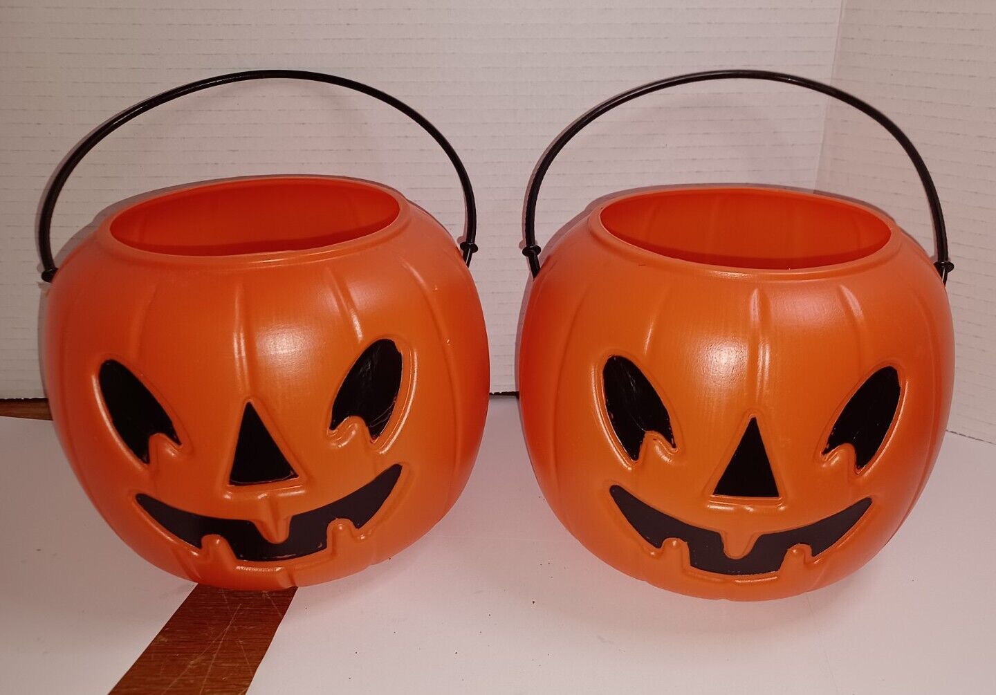 (2)Vtge Halloween Orange Pumpkin 6 in Pail Bucket BlowMold USA AmericanMaid 