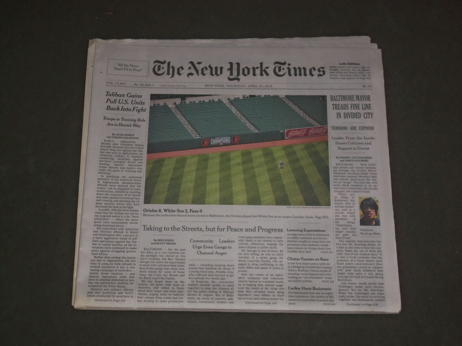 2015 APRIL 30 NEW YORK TIMES - NO FANS AT ORIOLES GAME - UNREST IN BALTIMORE