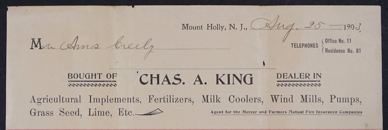 1903 Chas A King Dealer Receipt Mount Holly NJ Agriculture Products B7S3