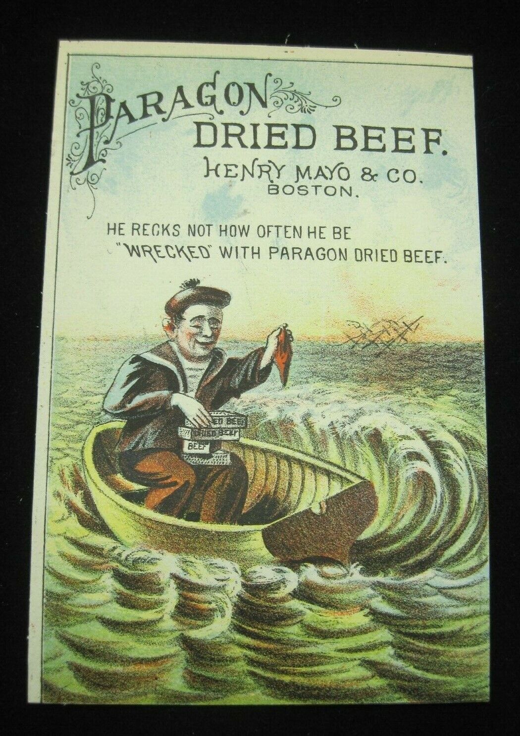 Paragon Dried Beef Victorian Trade Card Henry Mayo Shipwrecked Sailor