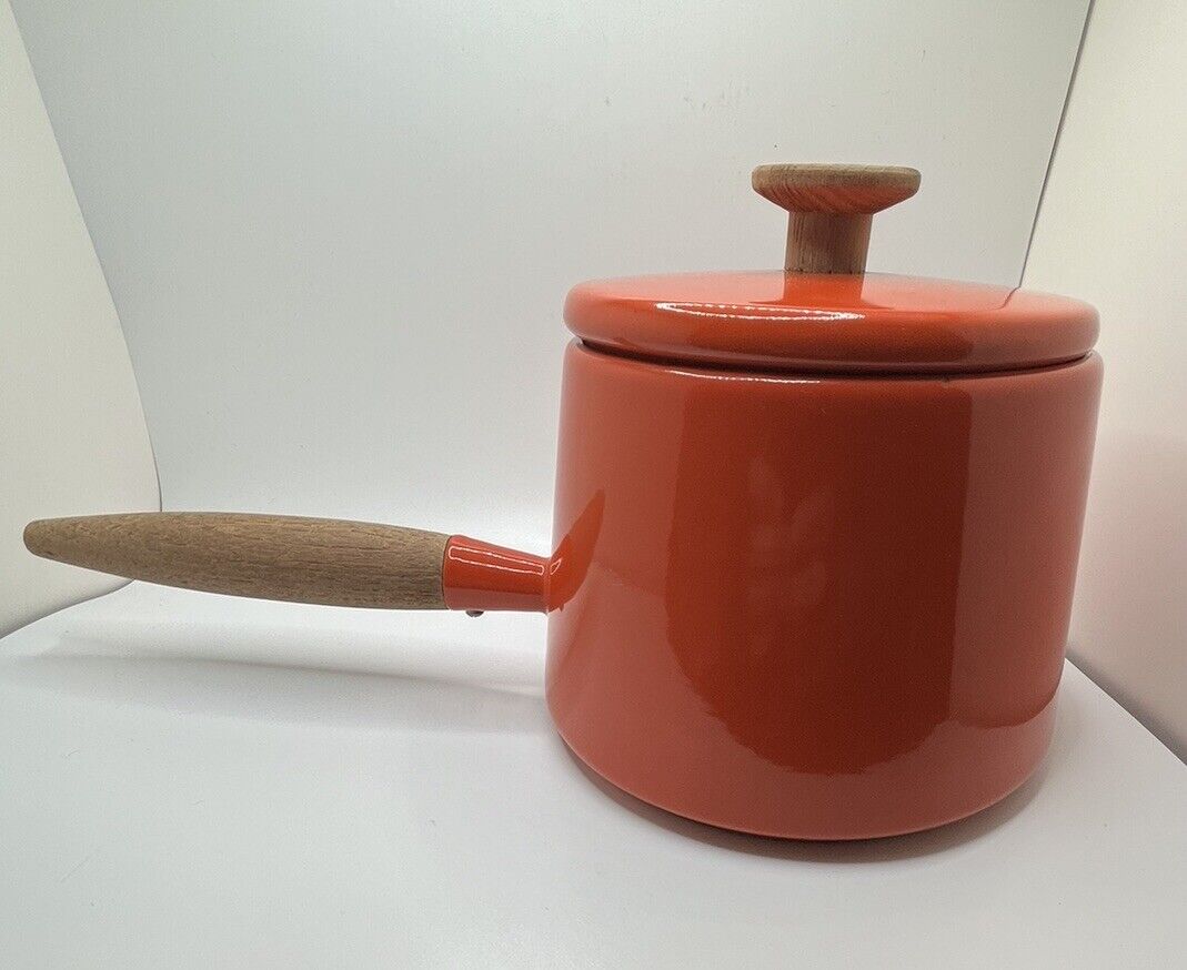 Vintage Copco Michael Lax Design Holland Orange Enamel Pot Teak Wood Handle