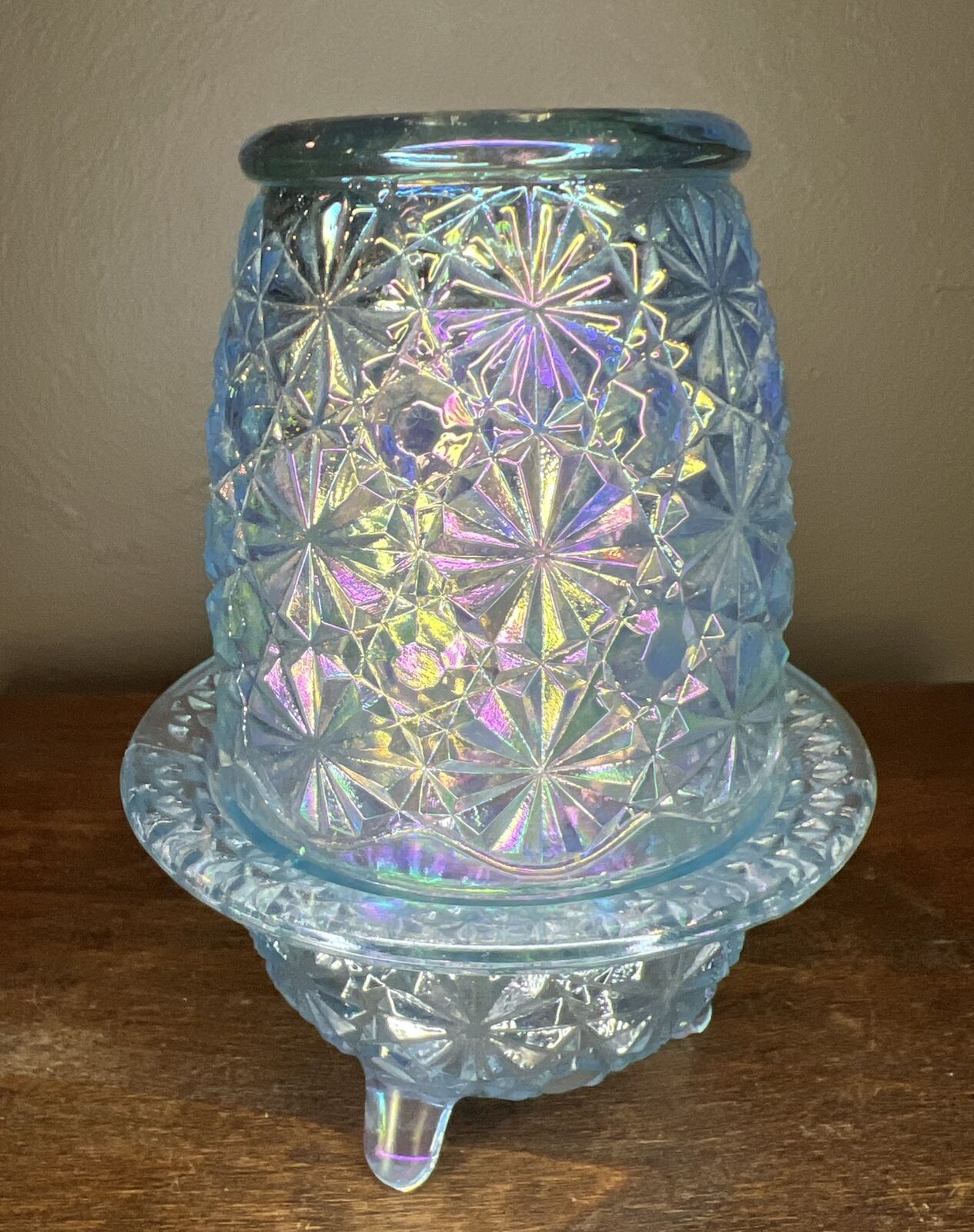 Vintage LE Smith Daisy & Button Fairy Lamp Iridescent Blue L.E.