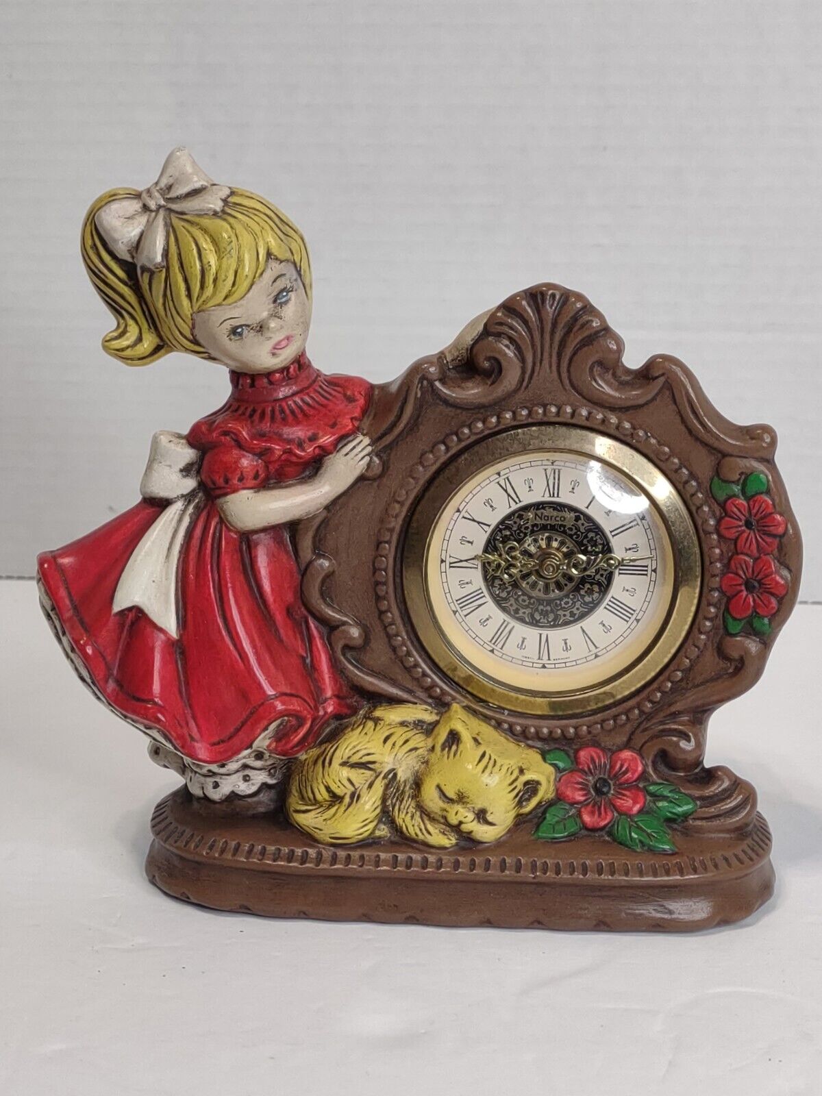 Vintage Narco German Wind Up Clock Ceramic Little Girl. Works