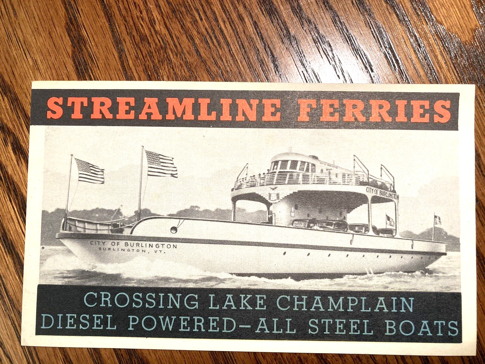 Original C 1940\'s Streamline Plattsburg Burl. VT Ferry Map Across Lake Champlain
