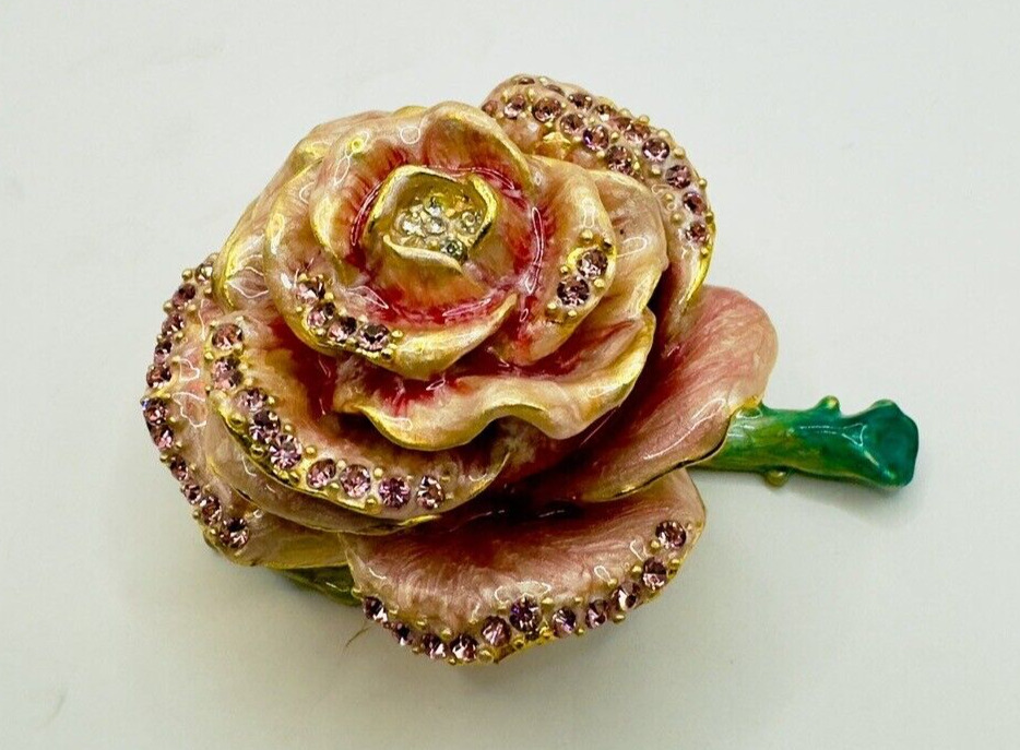 Bejeweled Rose Trinket Box. Hand Painted Pink Enamel