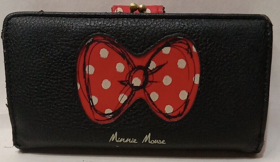 Disney Parks Minnie Mouse Black Leather Wallet Clutch Polka Dot Bow Red Interior