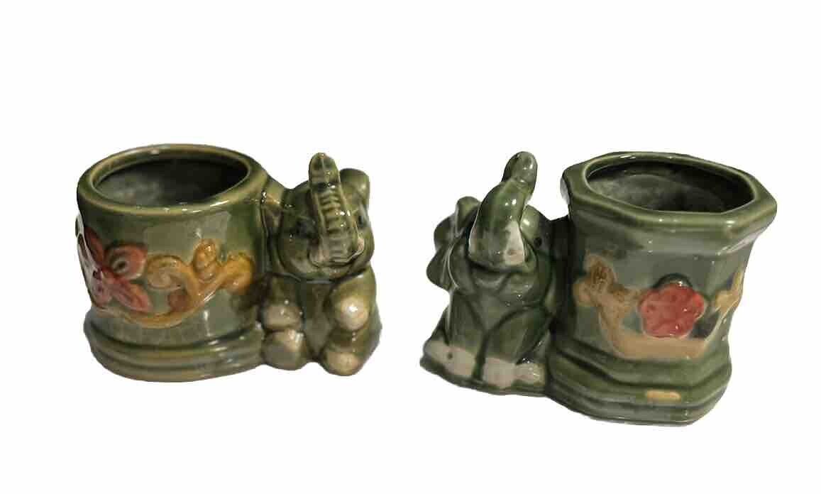 S/2 Vintage Ceramic Green Elephant Vases/Planters “Lucky Trunk Up\