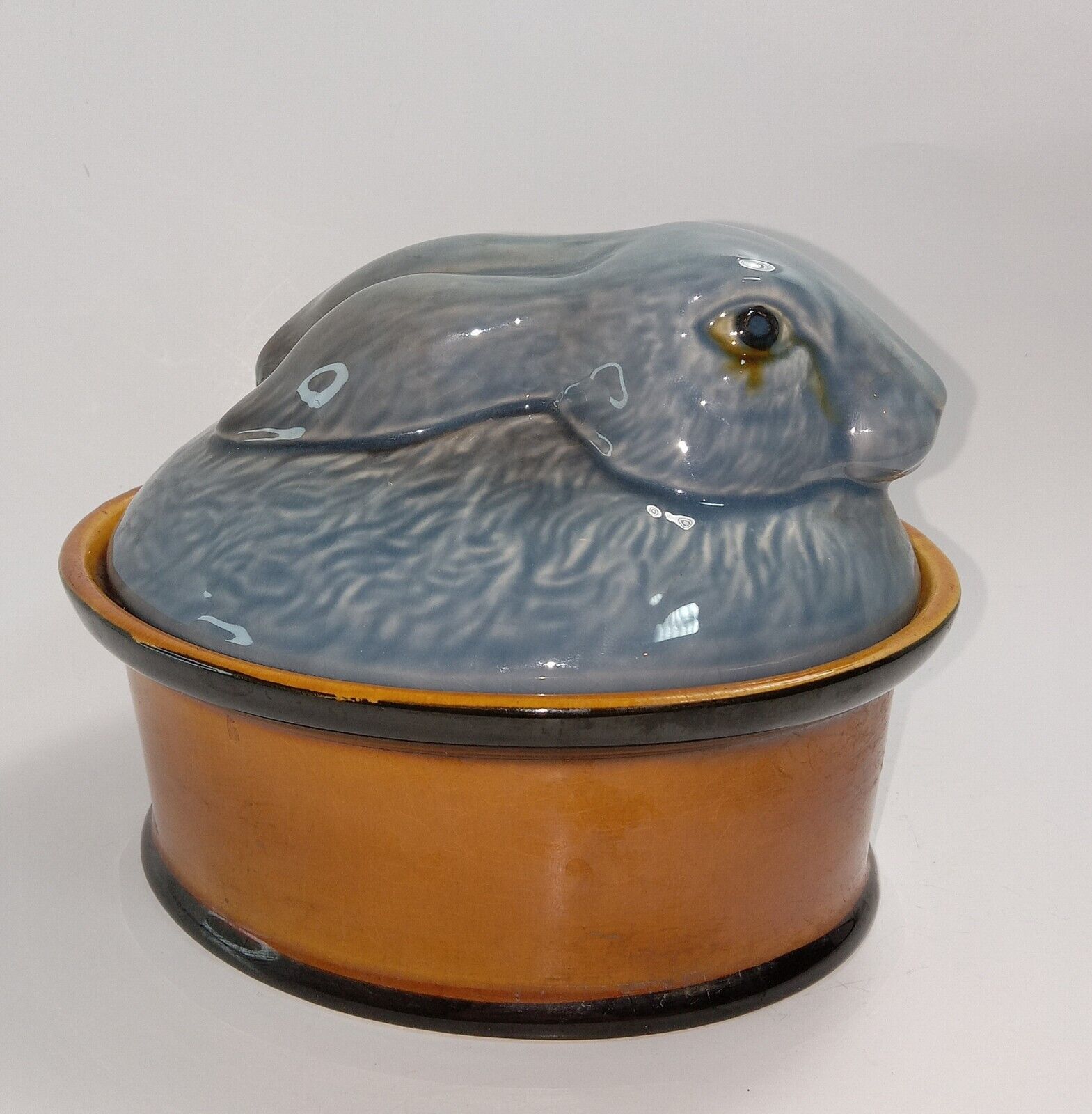 Vintage Glazed Secla Blue Nesting Rabbit Portugal Ceramic Pottery Oval Tureen