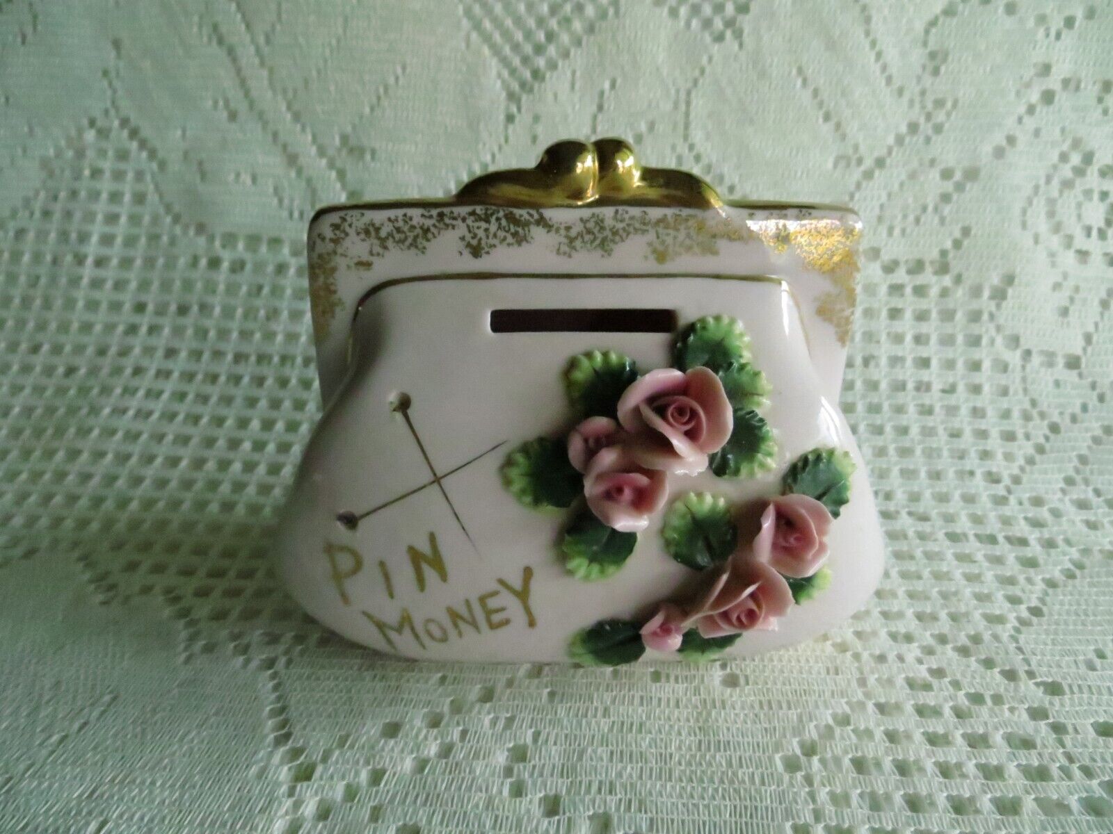 Pin Money Vintage Piggy Bank J-313, Pink And Gold With Roses