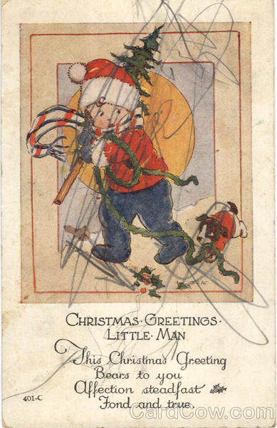 XMAS 1927 Christmas Greetings Little Man Antique Postcard 2c stamp Vintage