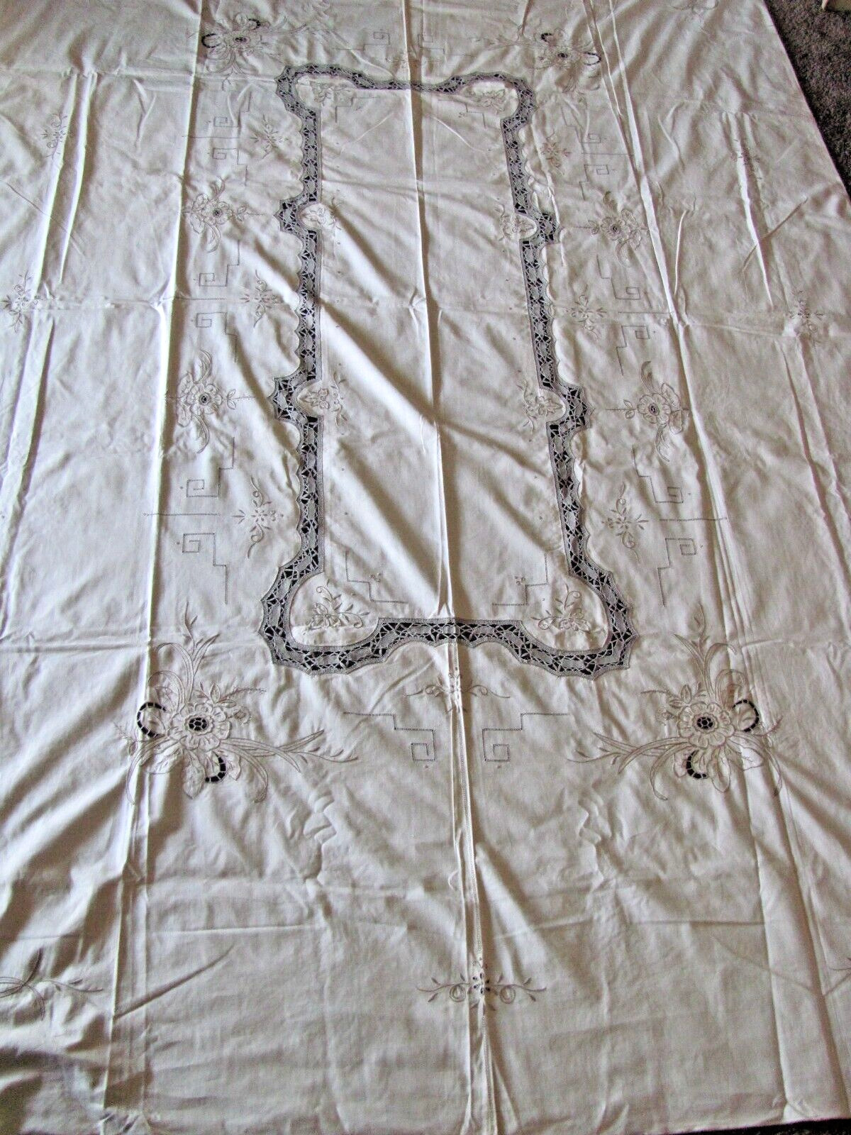 Vintage Cotton Embroidered Banquet Tablecloth w Napkins - Unused - Floral & Lace
