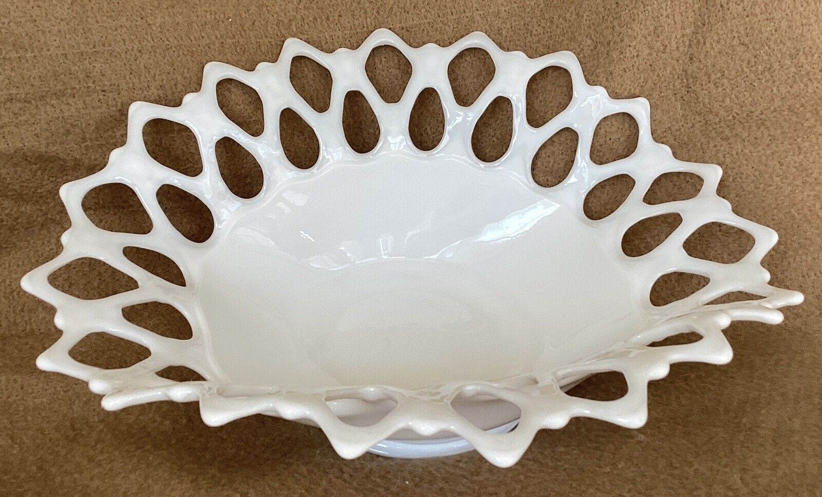 Vintage Large Milk Glass  Bowl Candy Dish With Open Lace Lattice Pattern Mint