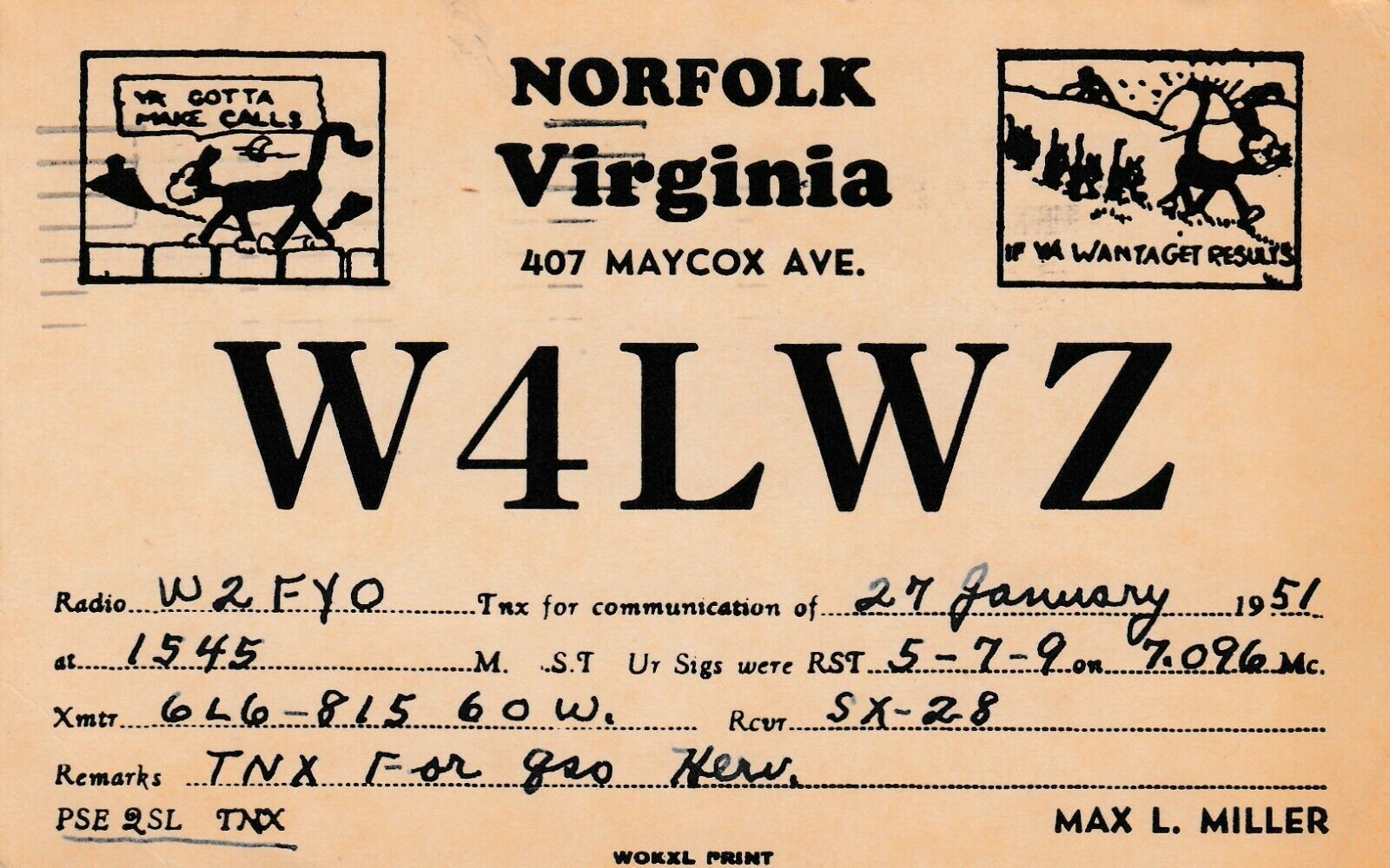 Vintage QSL Radio  Postcard W4LWZ  NORFOLK VIRGINIA JANUARY 1951  POSTED STAMP