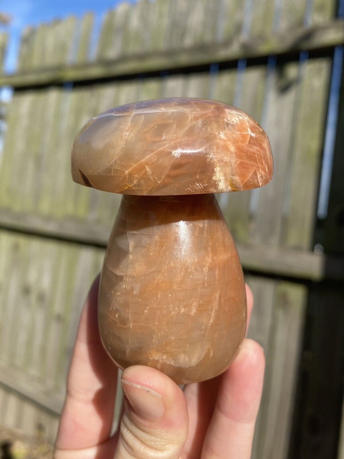 Peach Flashy Moonstone Large Mushroom (Carved Natural Crystal)