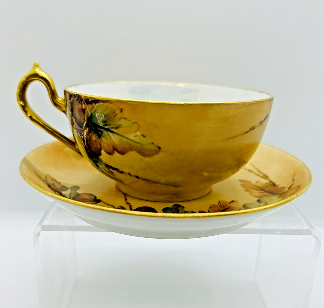 Antique T & V Limoges France Tea Cup Saucer Acorn Pattern Gold 1914 Signed