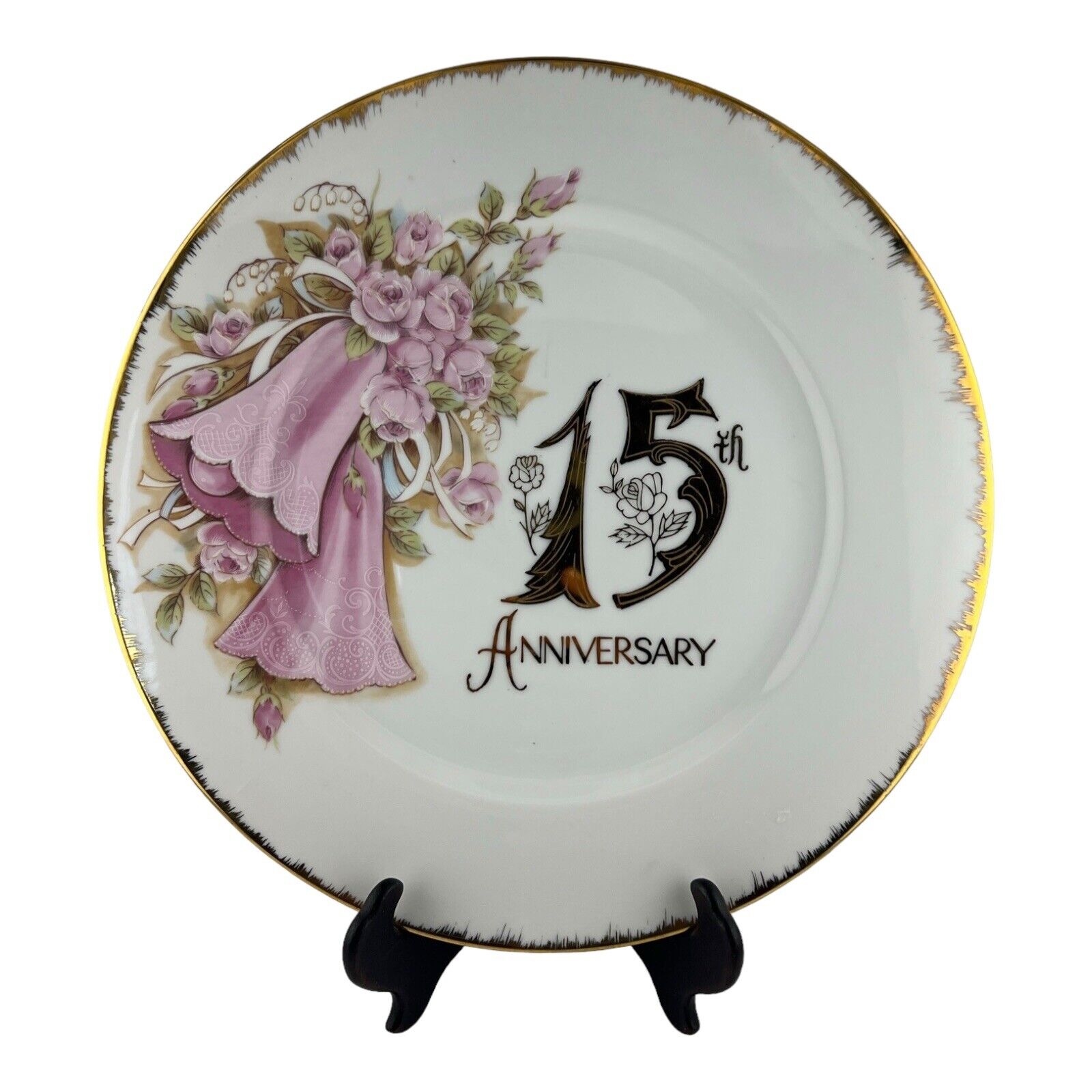 Round Plate 15th ANNIVERSARY Featuring Pink Rose With Stand *O