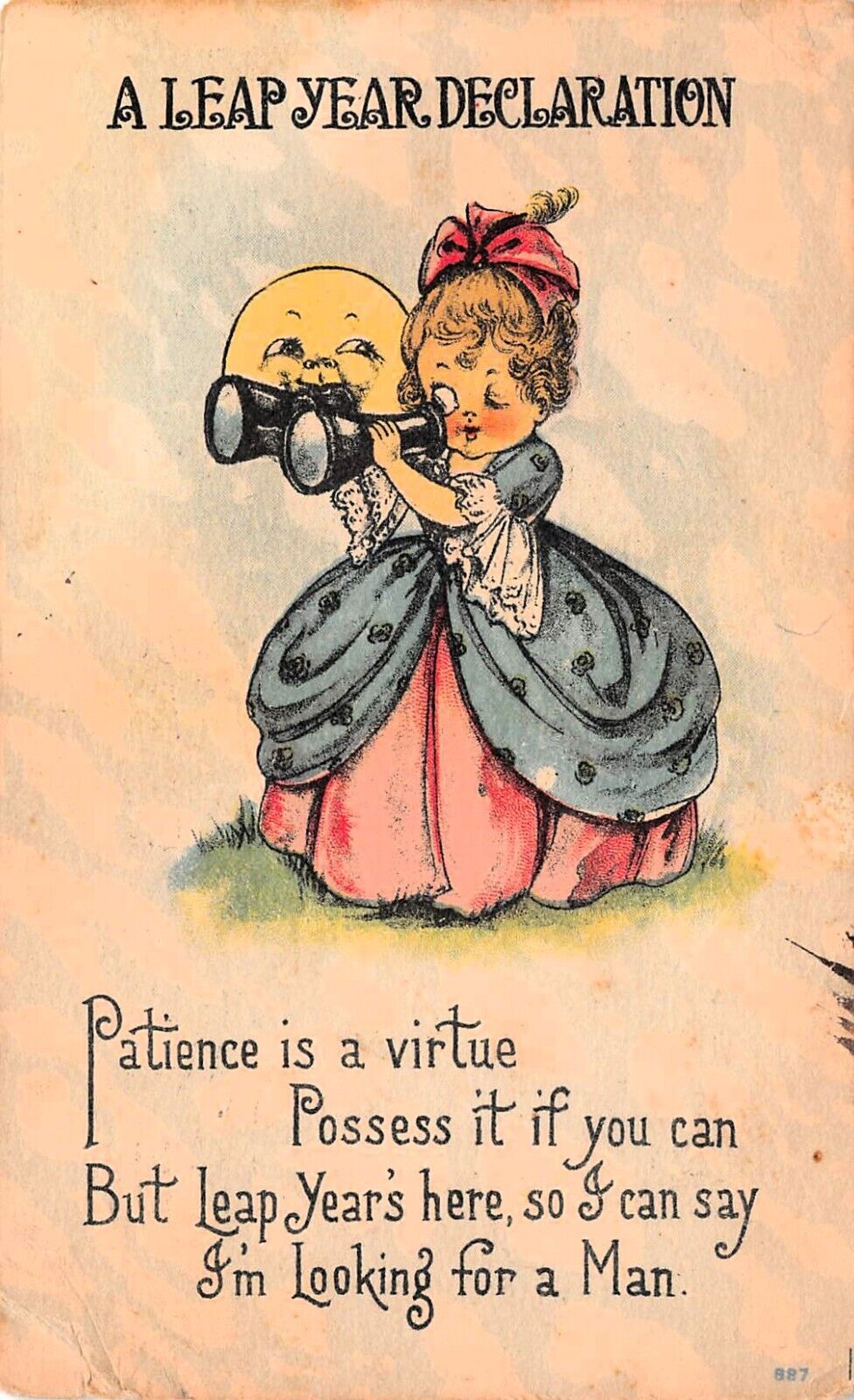 Leap Year 1916 Anthropomorphic Moon Face Girl Binoculars Love Vtg Postcard D40