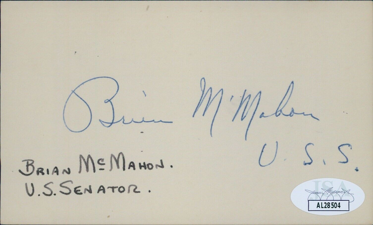 Brian McMahon Connecticut Senator Signed 3x5 Index Card JSA Authenticated