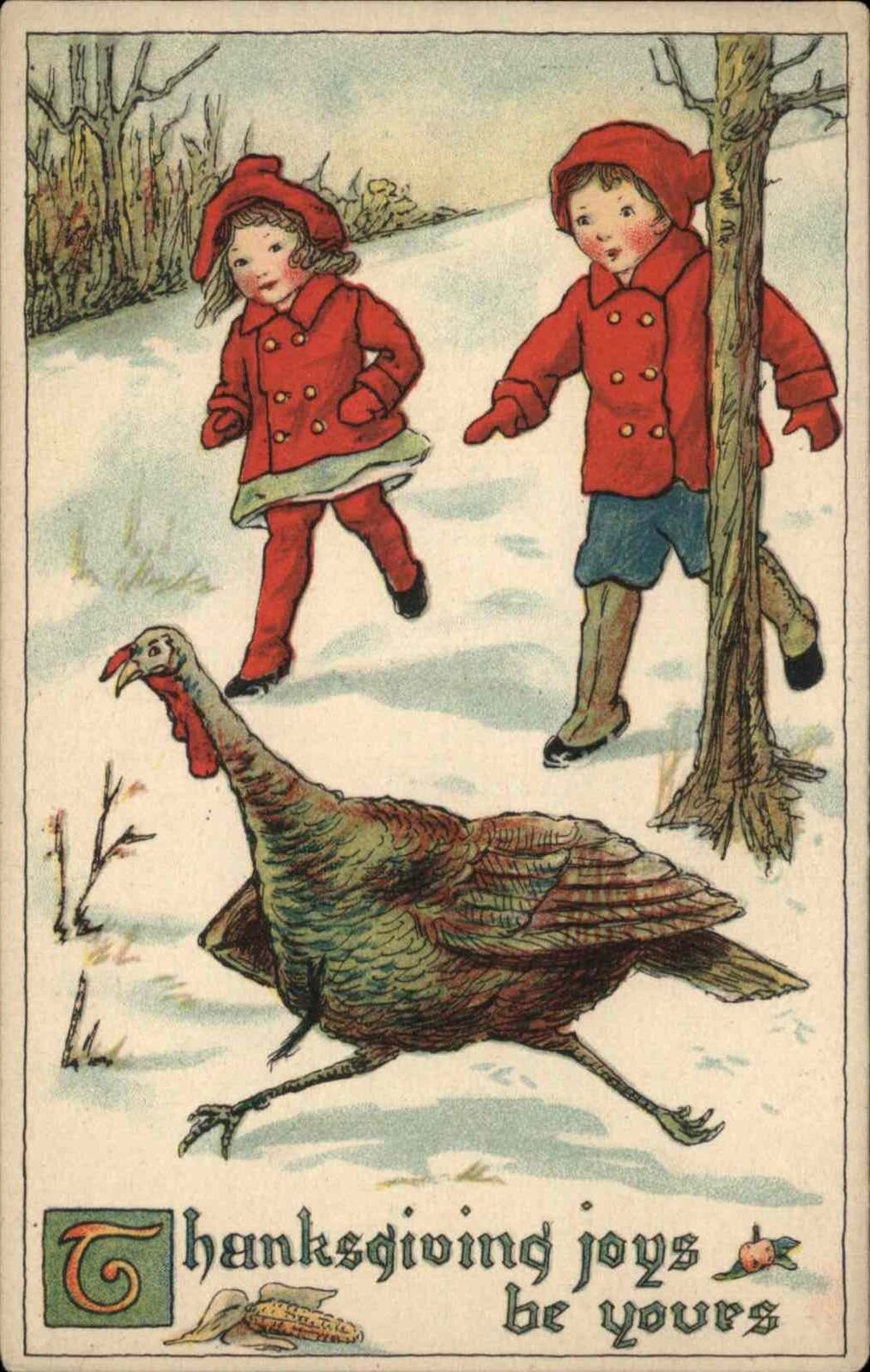 Thanksgiving Children Chase Turkey c1900s-10s Postcard