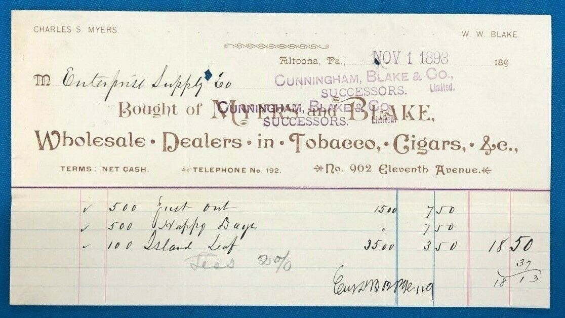 MYERS CUNNINGHAM BLAKE TOBACCO vintage November 1, 1893 invoice on letterhead