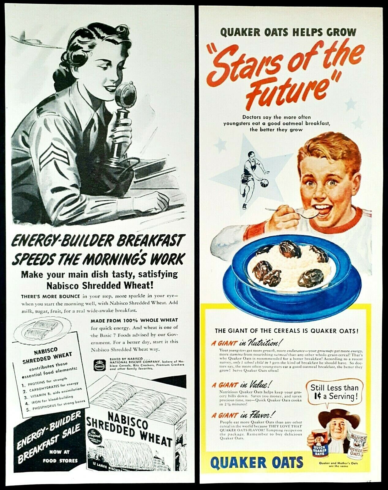 Nabisco shredded wheat ad Quaker Oats breakfast vintage 1940 \'s 2 advertisements
