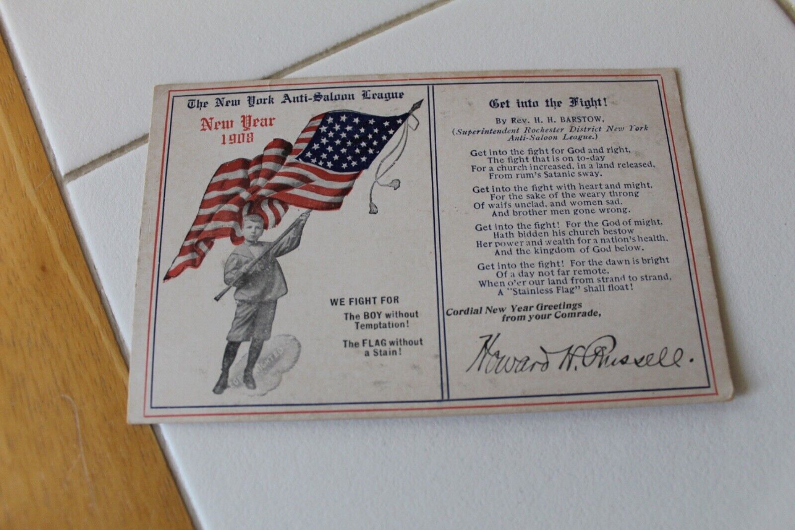 VTG 1908 ROCHESTER NEW YORK ANTI SALOON LEAGUE CARD FIGHT FOR FLAG AND BOY