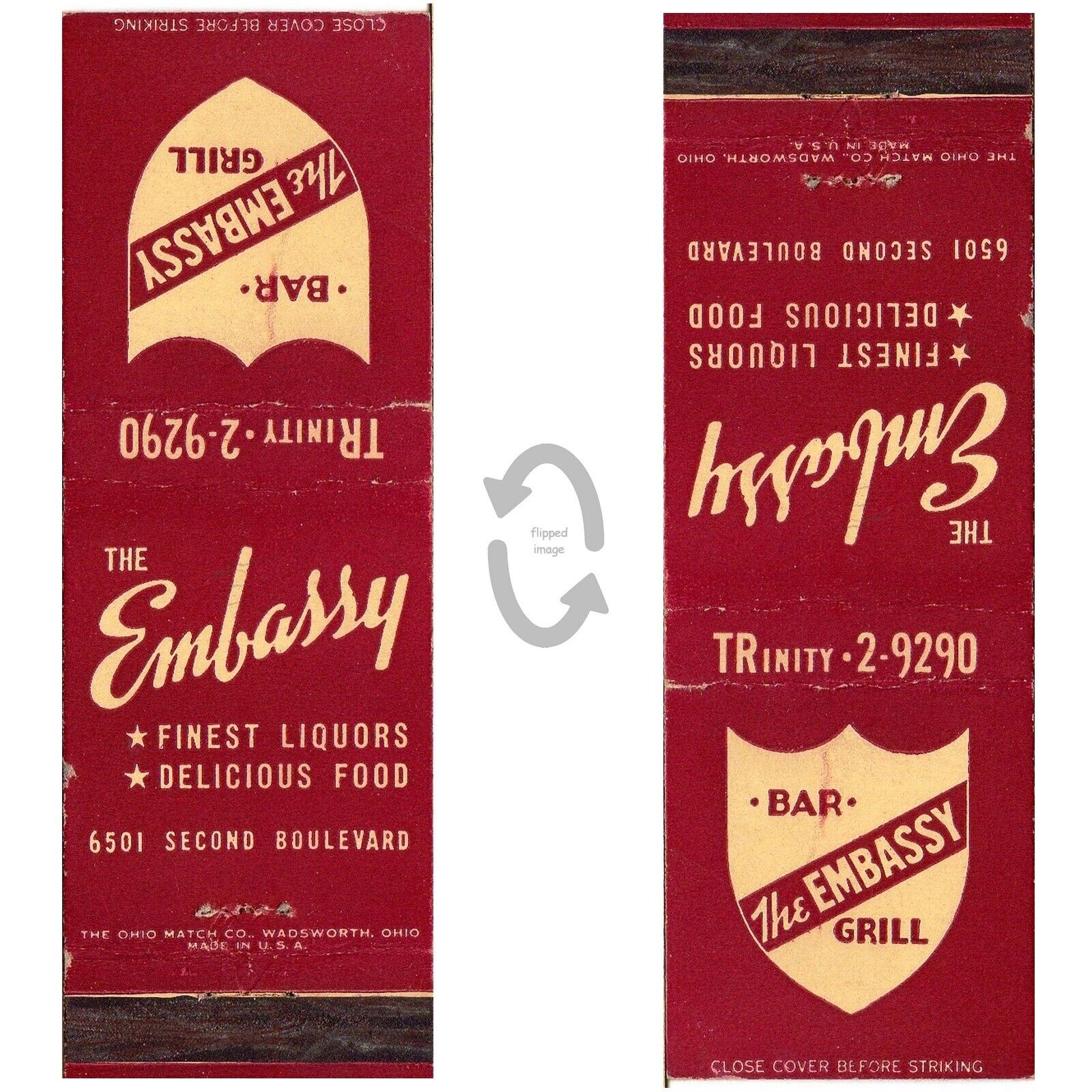 Vintage Matchbook Cover Embassy Bar & Grill 1950s Detroit MI 2nd Blvd TRinity ph