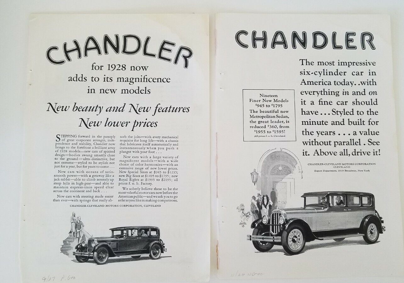 Lot two 1926 1927 Chandler Cleveland Motor Car vintage original ads
