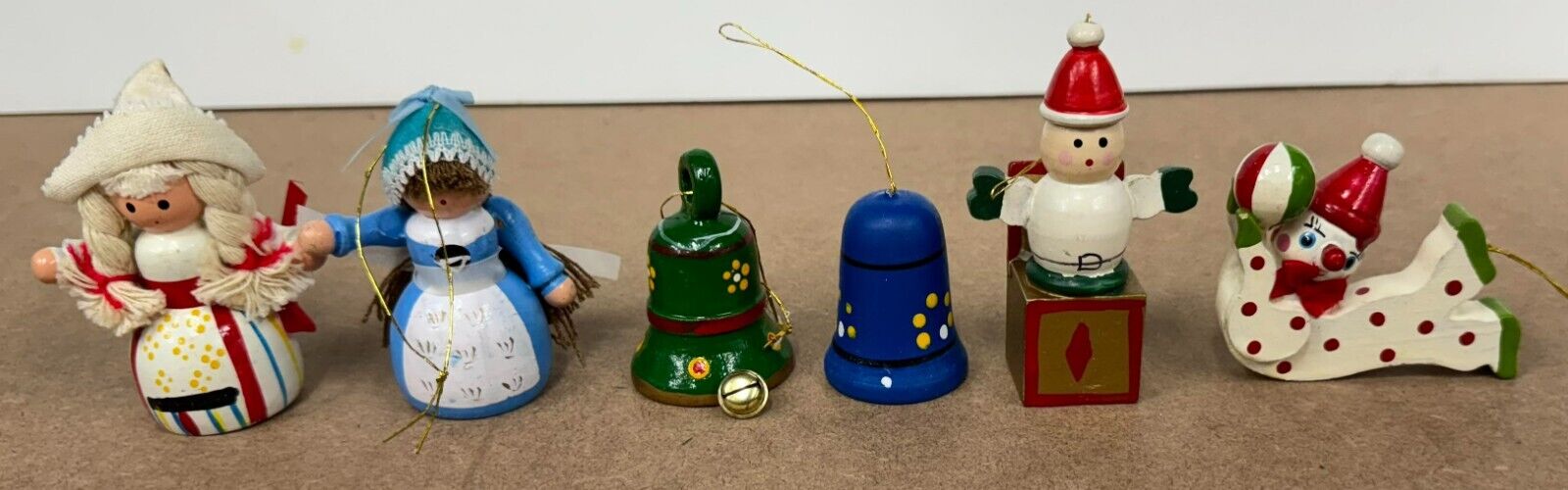 Vintage Lot Of 6 Painted Wooden Christmas Ornaments Bell, Jack in the box, clown