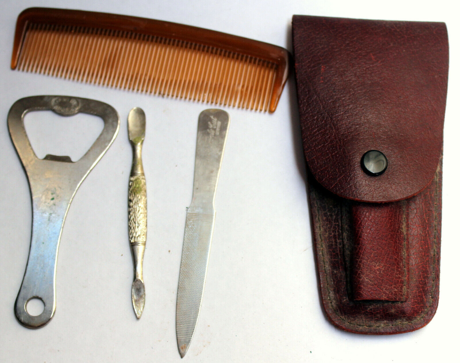 Vintage English Grooming Travel Kit in Leather Case Bottle Opener Comb Nail File