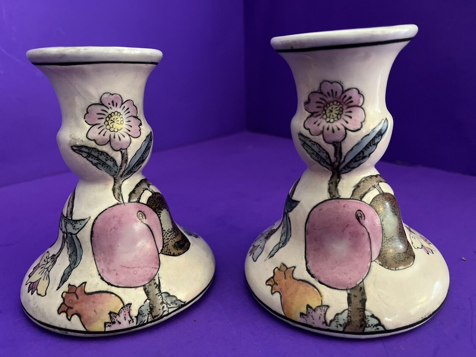 Pair Of VTG Chinese Porcelain Candlestick Holders Hand Painted Floral Plums SALE