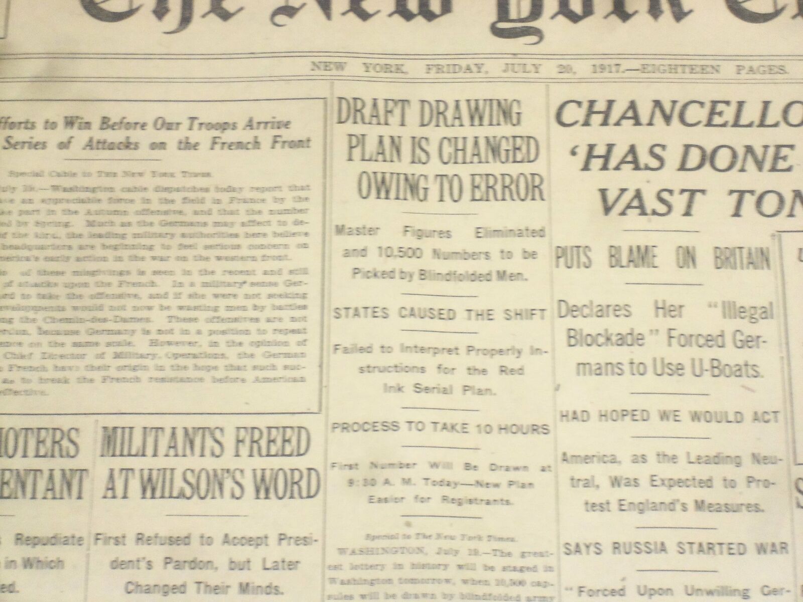 1917 JULY 20 NEW YORK TIMES - DRAFT DRAWING PLAN IS CHANGED - NT 9318