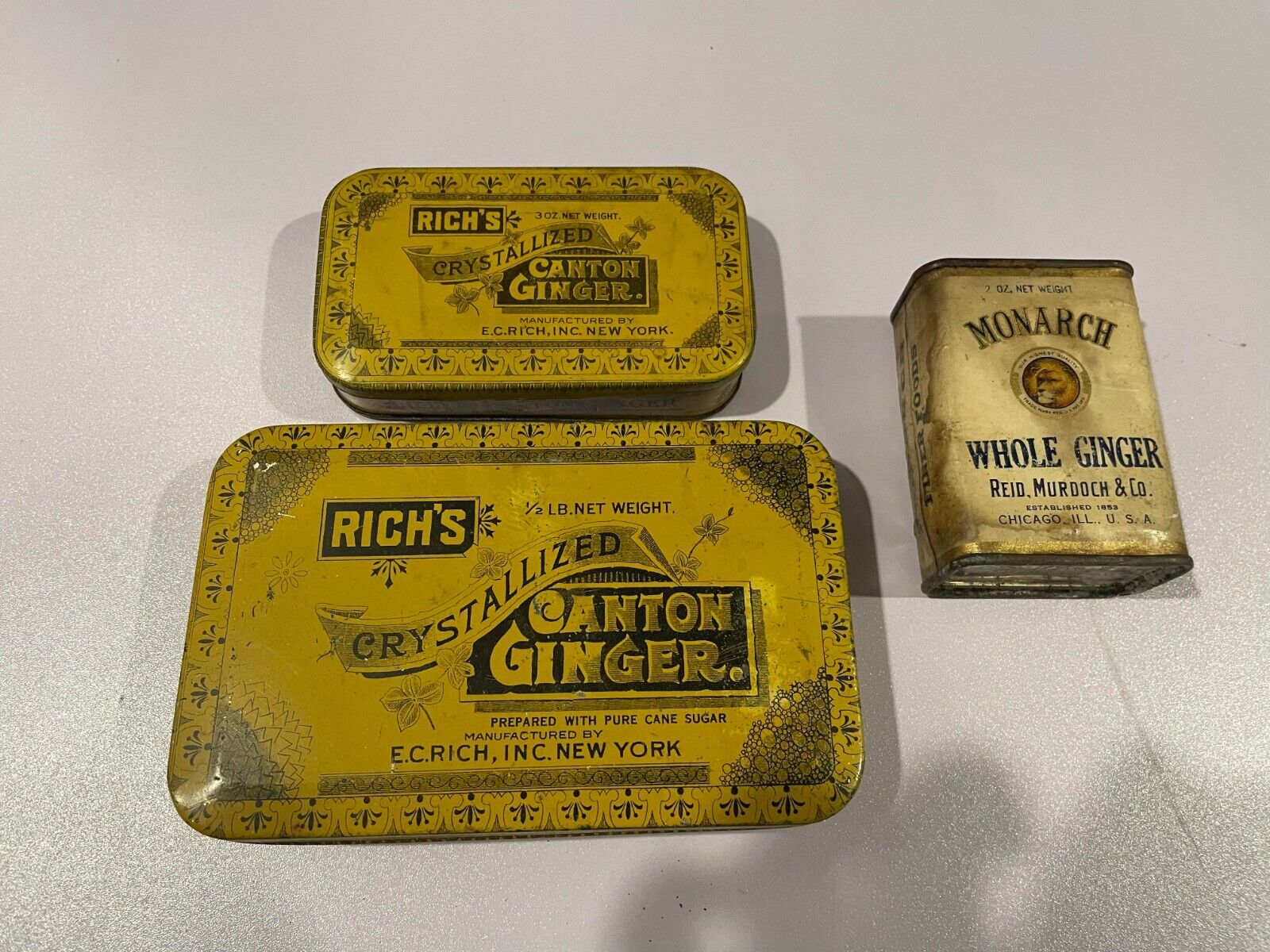 Lot of 3 Vintage Antique Ginger Tins Rich\'s Canton Ginger Monarch Whole 