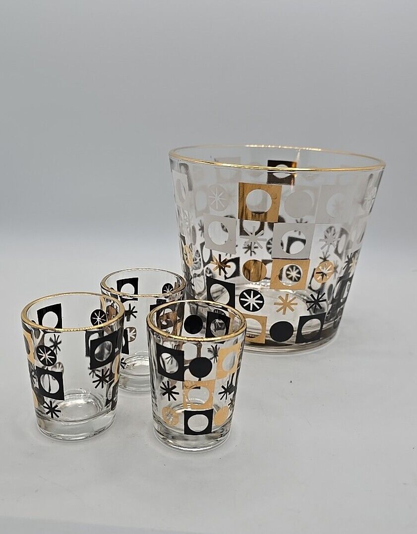 1960's Retro MCM Decor Black & Gold Glass Decorative Ice Bucket & 3 Shot Glasses