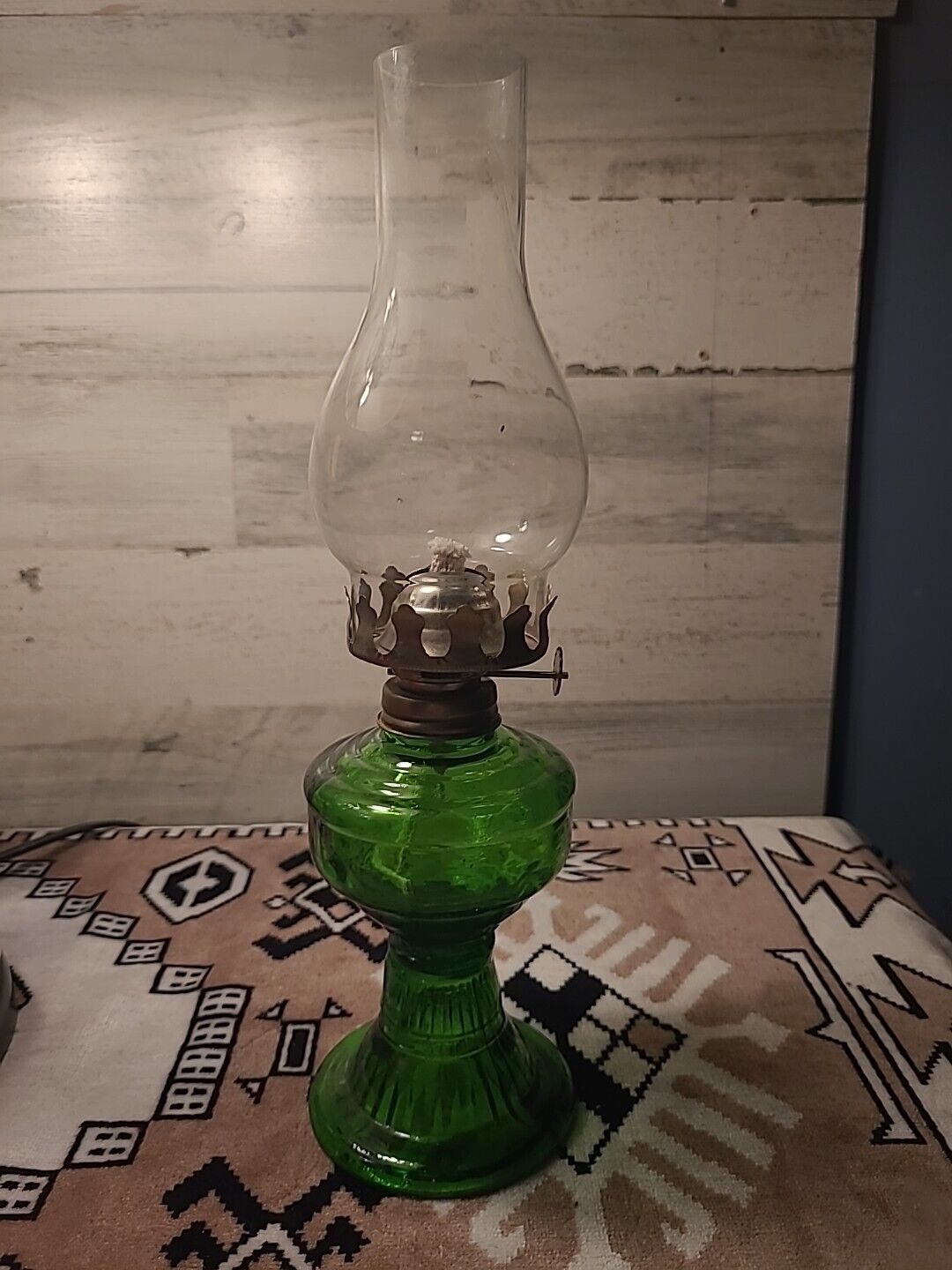 Vintage Glass Hurricane Emerald Green Miniature Oil Lamp