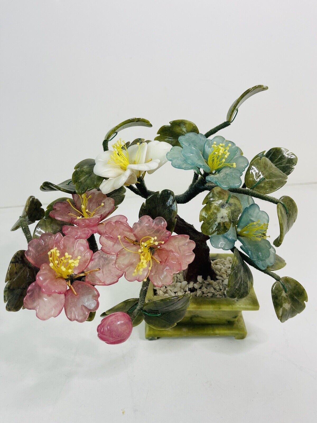 Vintage Jade Bonsai Tree Semi-Precious Carved Pink Blue White Stone Flowers